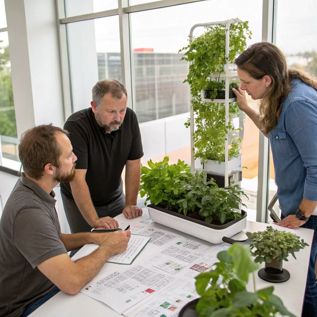 Team of expert trainers at XELVORITH discussing vertical gardening techniques